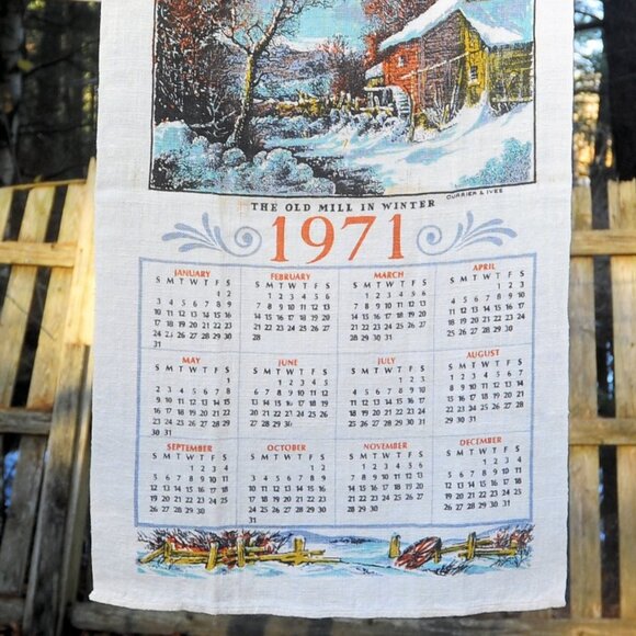 Vintage 1971 Linen Calendar Towel 'Old Mill in Winter' Currier & Ives Watermill - Picture 3 of 8